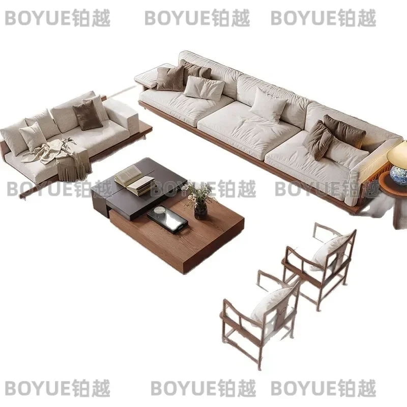 New Chinese Style Solid Wood Sofa Set Zen Aesthetic Tech Fabric Straight Row Living Room Furniture High End Home Decor