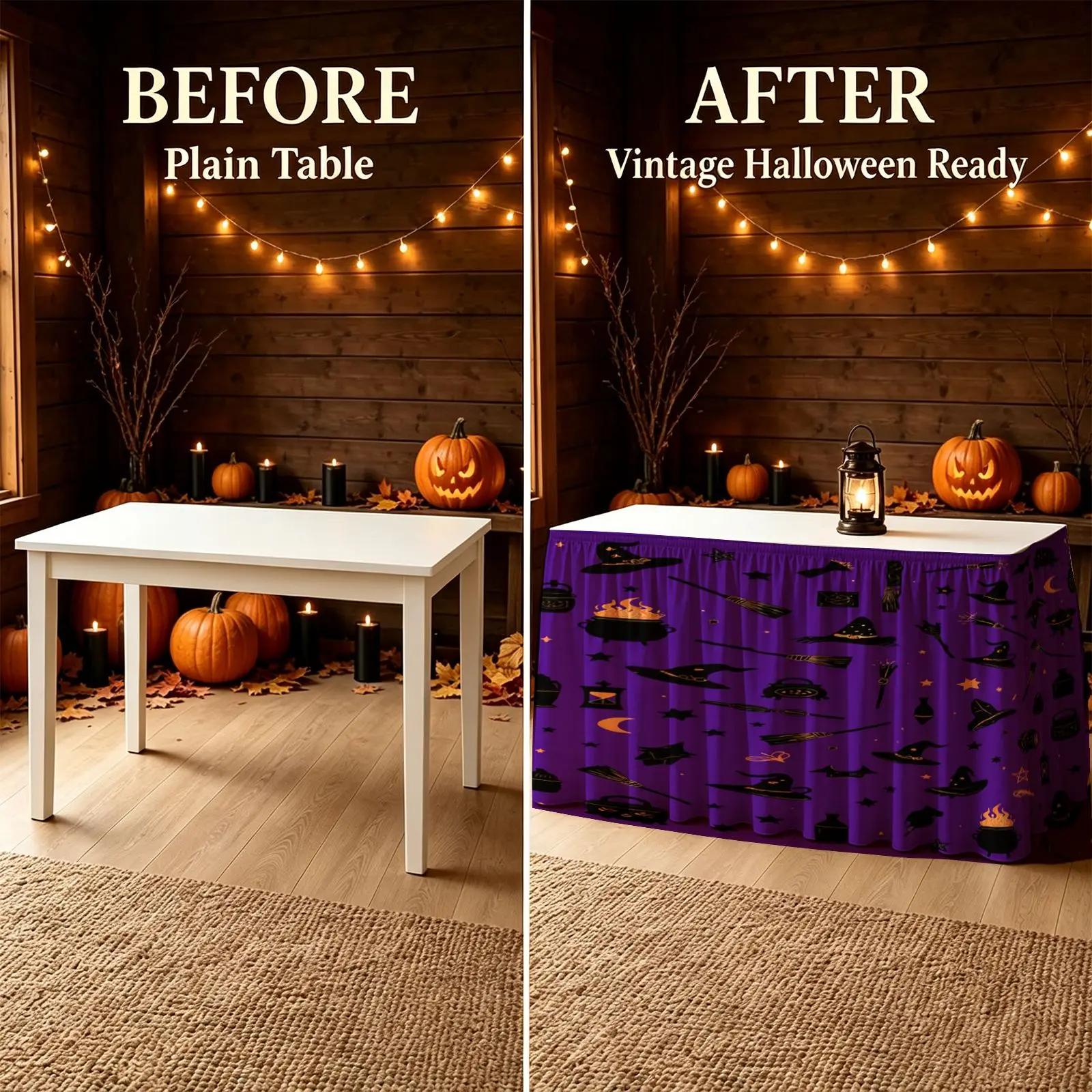 Halloween Christmas Party Scary Tablecloth 1 piece, Purple and Black Witch Hat and Wand