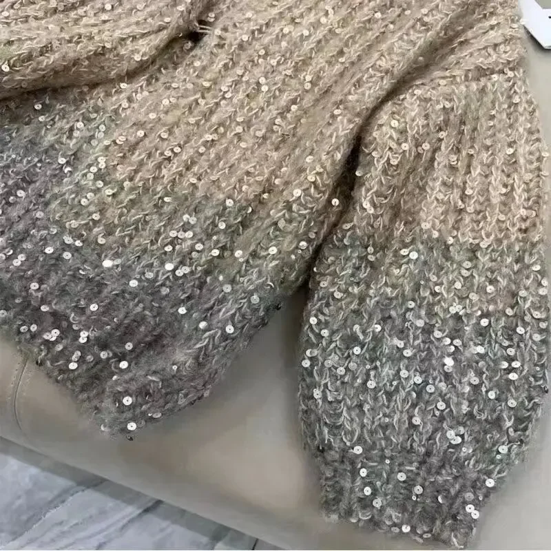 Kardigan z kapturem, dzianinowy, luźny, z przeszyciami, z cekinami, w stylu Maillard, na wiosnę i jesień, damska, zimowa, gruby, ciepły sweter/płaszcz.