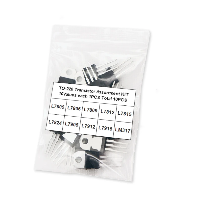 10PCS=10Values*1 Transistor Assortment KITs L7805 L7806 L7809 L7812 L7815 L7824 L7905 L7912 L7915 LM317T TO220 Voltage Regulator