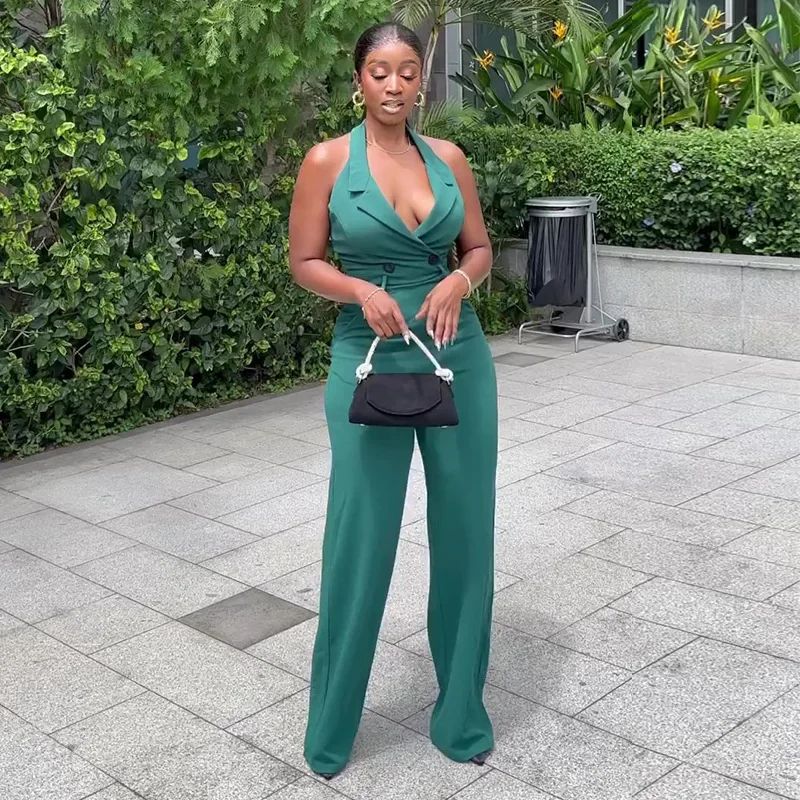 Pocket Casual Jumpsuit Sleeveless Trend Summer Halter Jumpsuits Women Backless High Waist Wide Leg Pants Rompers Jumpsuit