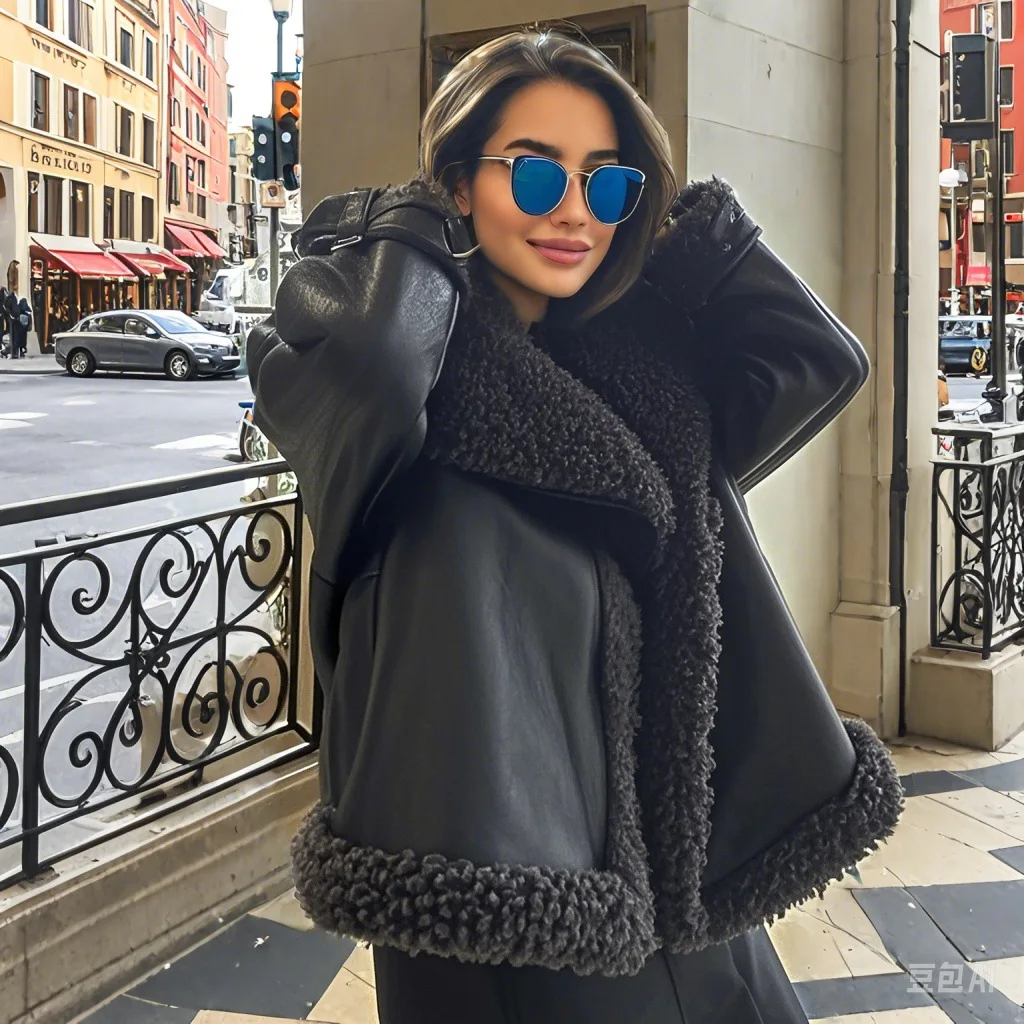 معطف فرو دافئ بحزام طية صدر السترة للنساء ملابس شتوية على الطراز الأوروبي الأمريكي