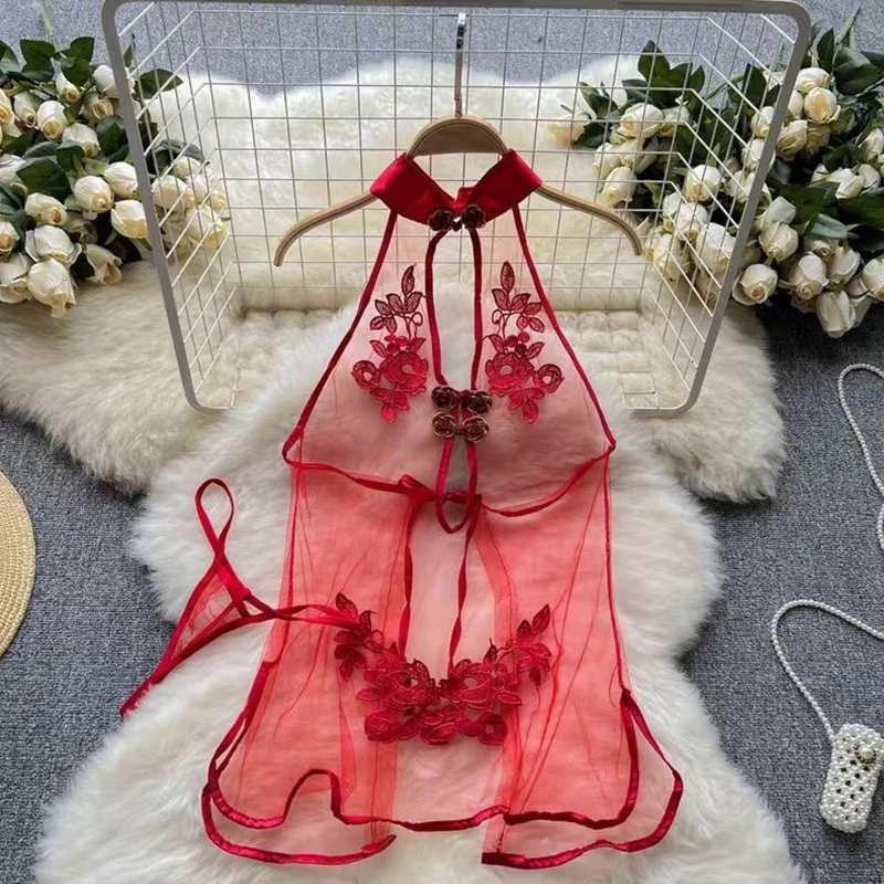 فستان نسائي مجوف باللون الأحمر ، دانتيل مثير ، مطرز بالترتر ، تطريز كلاسيكي ، أنيق ، شبكي شفاف ، مثبت على الرقبة ، 2 #1