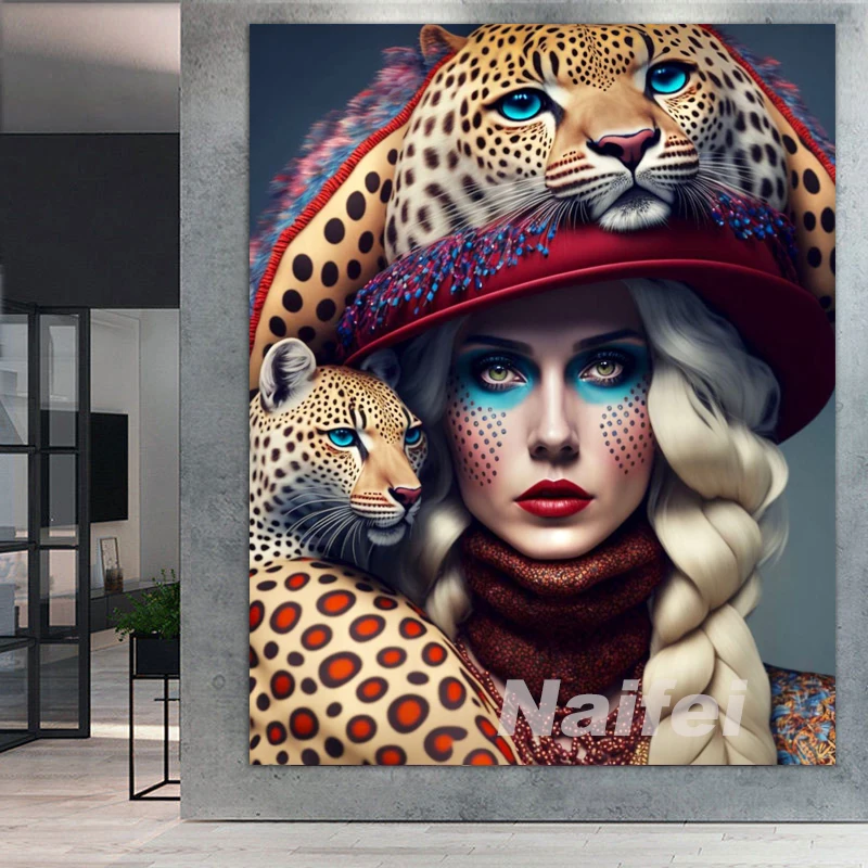 Full Drills 5D Diy Diamond Painting Beautiful Leopard Hat Fashion Woman  Diamond Mosaic Animals Tiger Emboridery