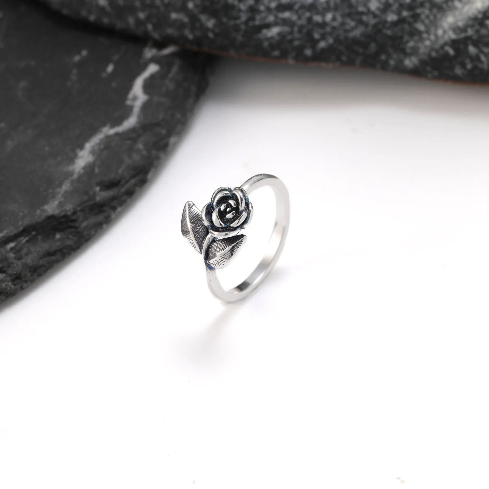 S925 Vintage Silver Rose Flower Open Cuff Ring For Women, Retro 3D Carved Floral Leaf Adjustable Finger Band, Dainty Alloy Boho Statement Jewelry, Daily Casual Wear Accessory, Romantic Floral Themed Gift For Ladies Multiple Sizes Available