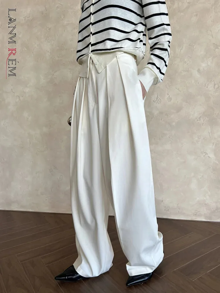 

[LANMREM] Minimalism Office Lady Pleated Pants For Women High Waist Wide Leg Trousers Fashion Clothing 2025 Spring New 26D1384