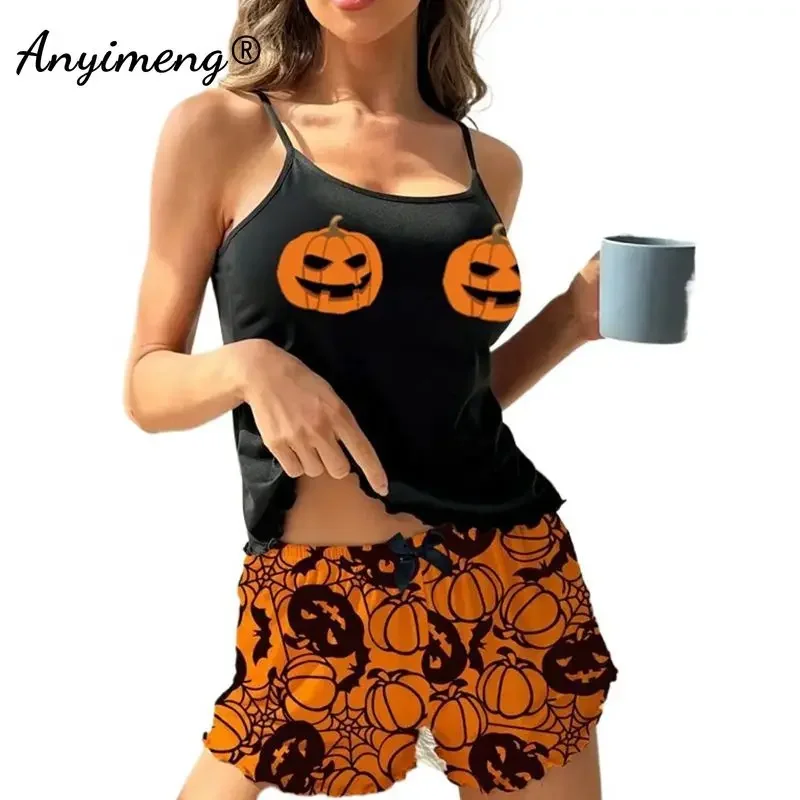 Halloween Tank Top Shorts Female Prumpkin Nightie Summer Spaghetti Strap Pajamas Set for Women Sexy Lingerie Sleeveless Pijamas