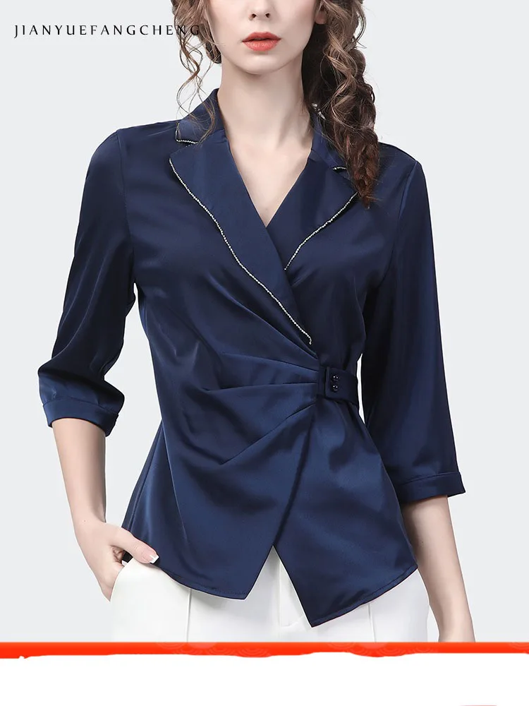 Fashion Suit Collar Women Spring Summer Blue Satin Shirt Outwear Elegant Slim Crossed V-neck Casual Working Ladies Tops