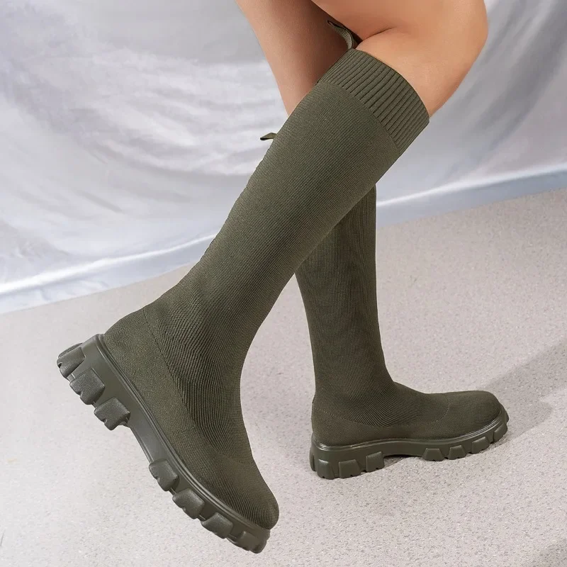 Casual Stretch Sock Boots Winter Fashion Knitted Knee High Women\'s Boots Thick Bottom Round Toe Long Boot Slim Shoes for Women