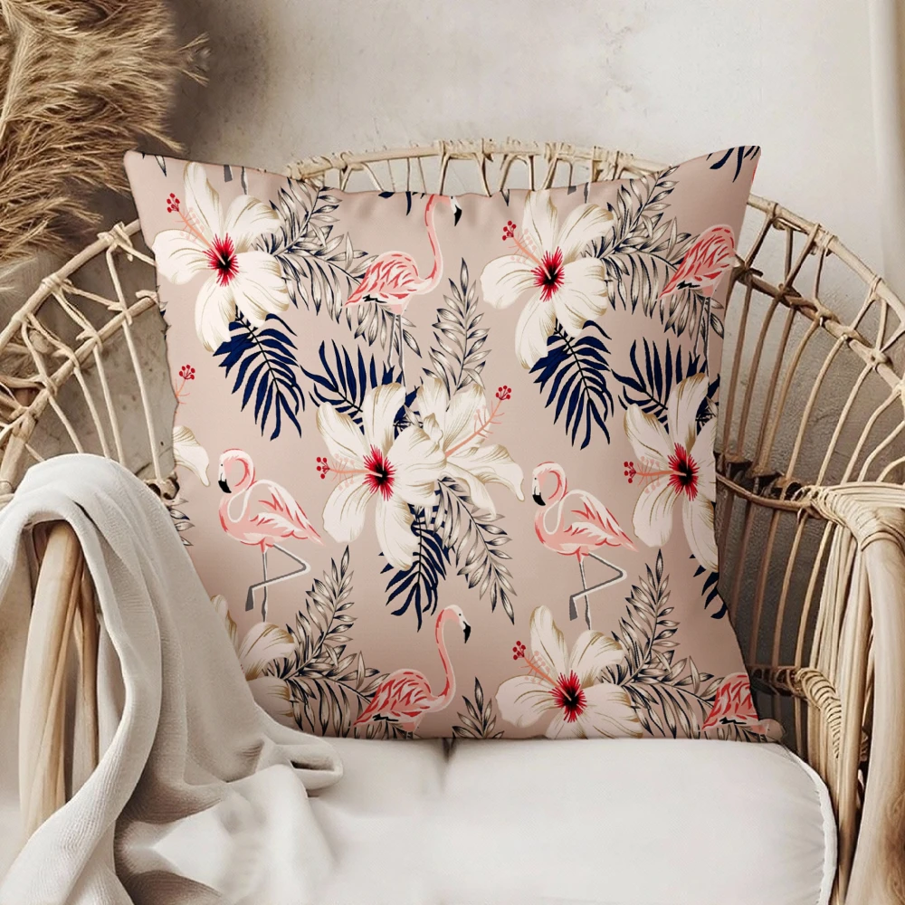 Square Throw Pillow Case Beige Tropical Flamingo And Hibiscus Flower Print Decorative Cushion Cover For Sofa Bedroom Living Room