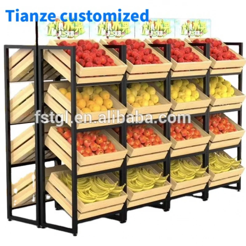 (Customized) Hot selling 4-tier supermarket metal and wooden fruit vegetable stand design