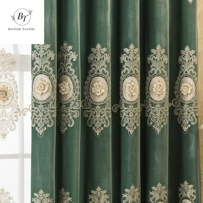

European-style Curtains for Living Dining Room Bedroom Luxury Green Embroidery tulle Rope Stacking Beads Embossed Flower