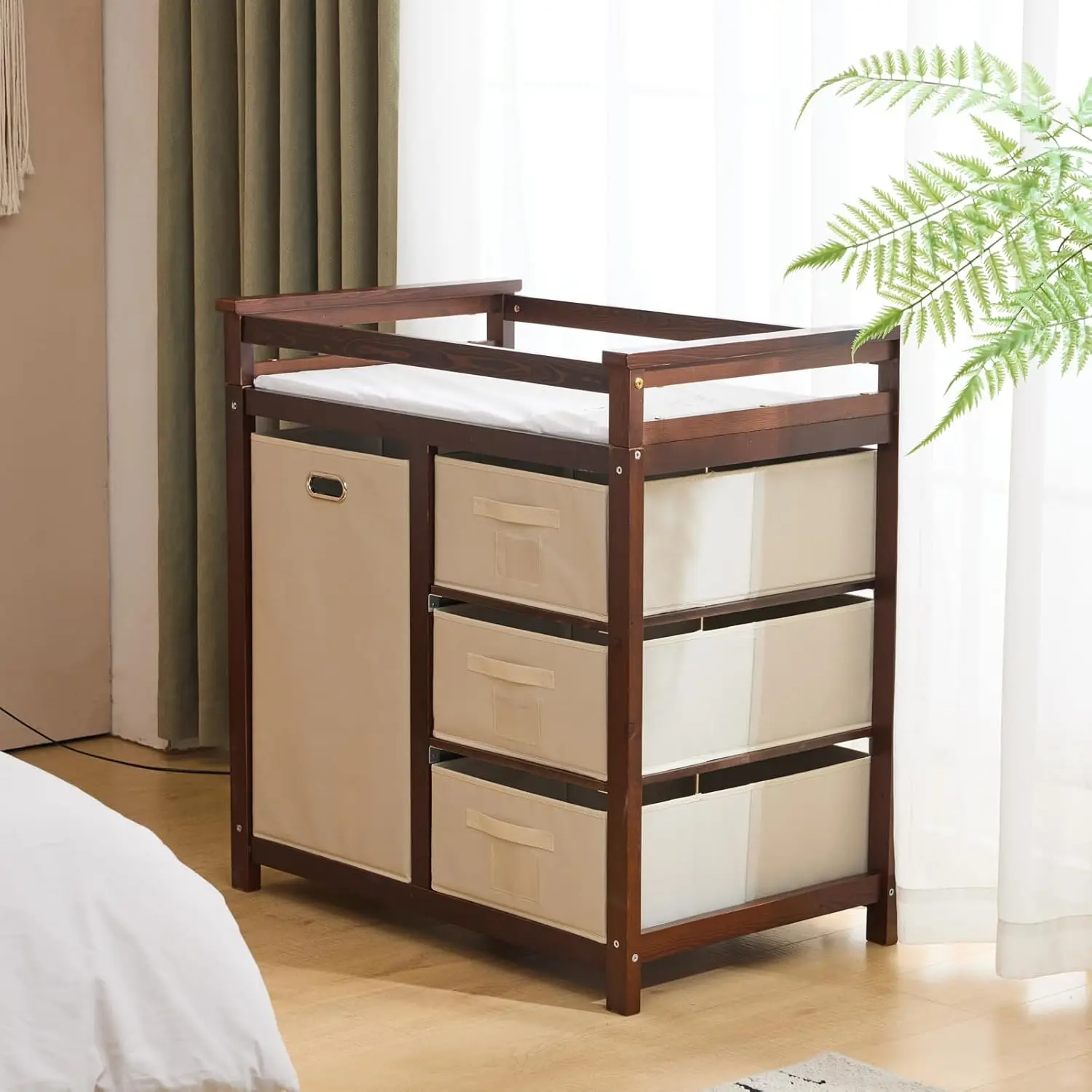 

Dresser Baby Diaper Changing Station with Laundry Hamper,Infant Nursing Table with 3 Storage Drawers,Removable Safety Rai