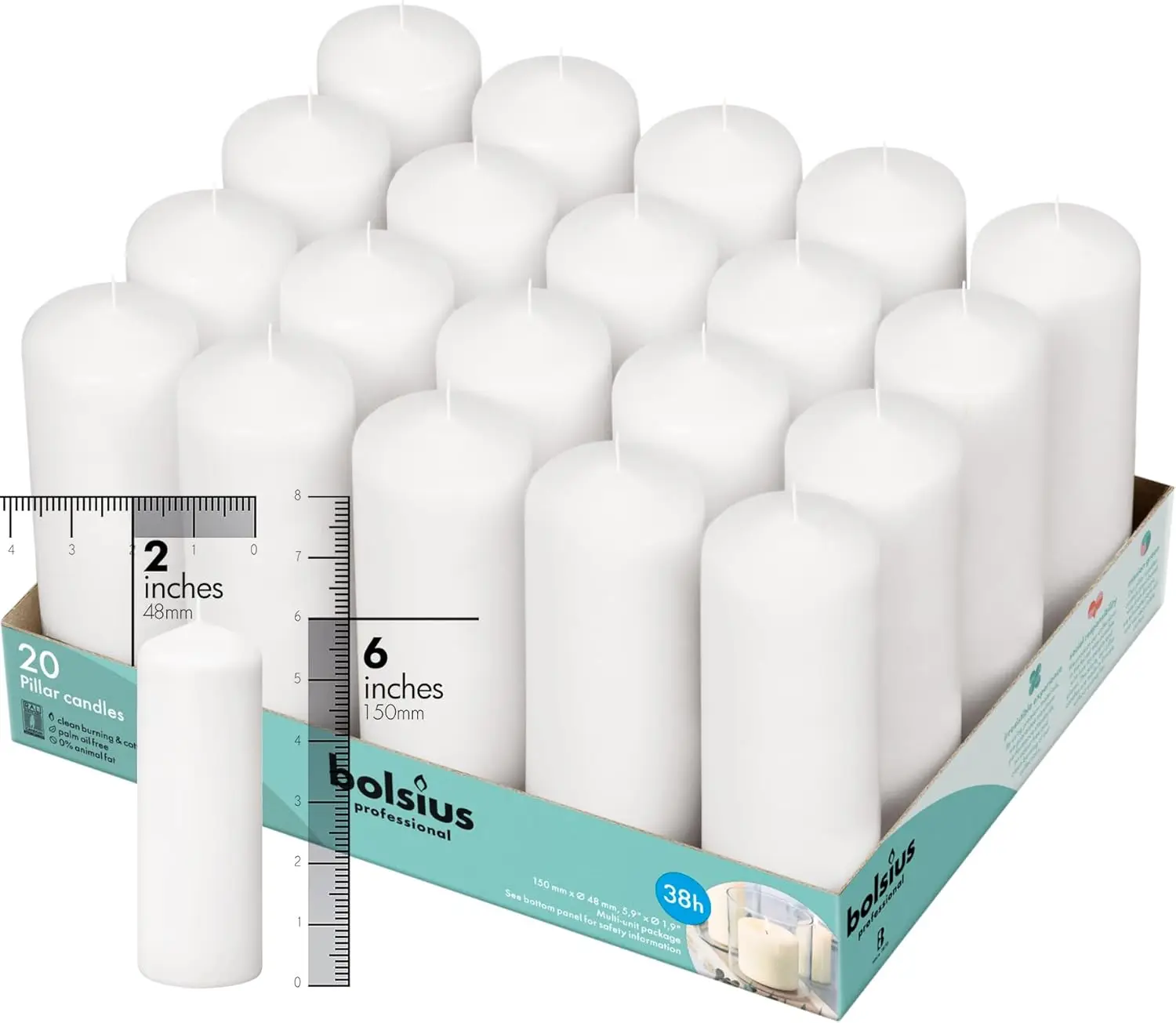 

White Pillar Candles Set of 20 - Unscented, Dripless, Smokeless, Clean Burning for Weddings & Parties