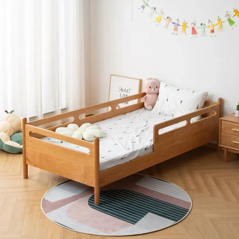 for North American Cherry Wood All Solid Wood Cartoon Children Bed Black Walnut Splicing Queen Bed Minimalist Widened Baby