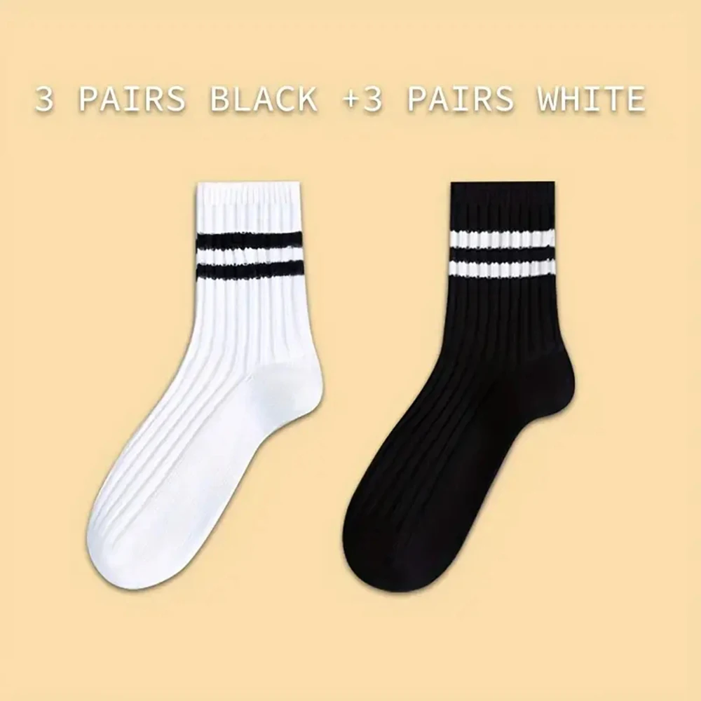 6 Pairs Men Medium Length Socks Simple Versatile Casual Black White Striped Breathable High-Quality Casual Round Neck Socks