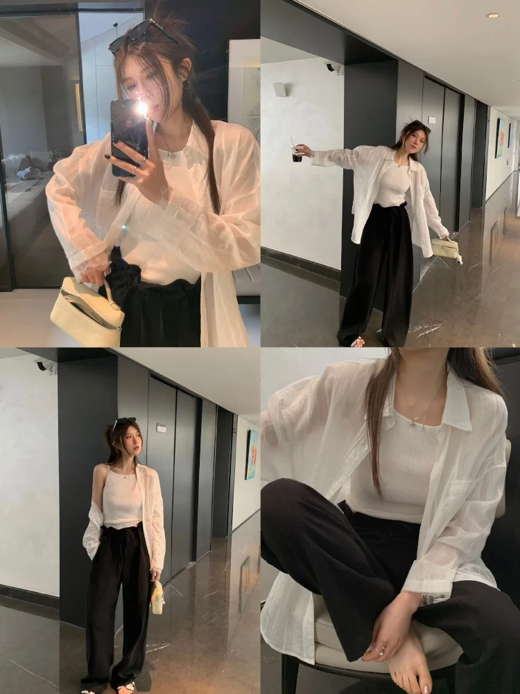 

Женская корейская рубашка Superniniyy с кружевом, длинными рукавами, свободного кроя, с защитой от солнца, с воротником, из смесового полиэстера и нейлона, лето 2024