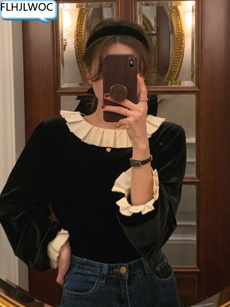 Two Way Wear 2022 Cute Sweet Girls Tops Blusas Hot Sales Chic Korea Japan Style O Neck Solid Black Ruffles Velvet Blouse 1071