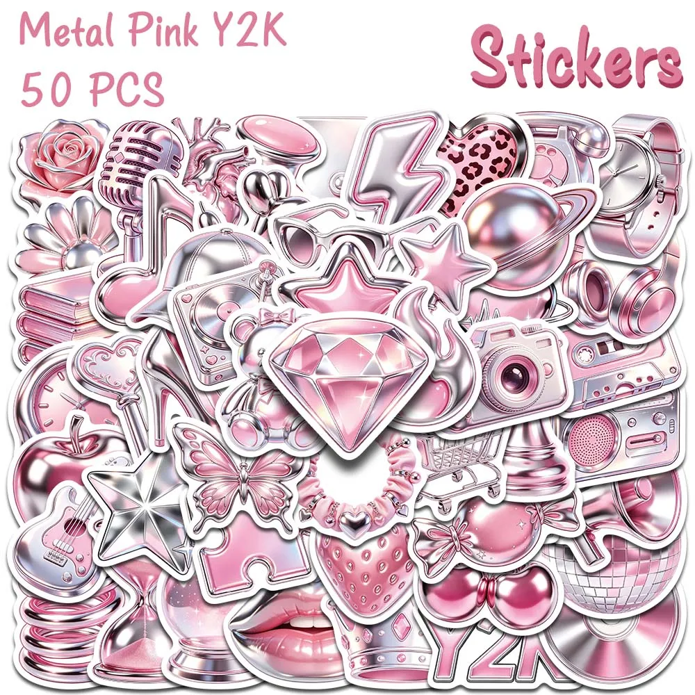 50pcs Metal Pink Y2K Stickers Aesthetic Retro Butterfly Star Heart Lipstick Decals For Laptop Phone Envelope Journal DIY Gifts