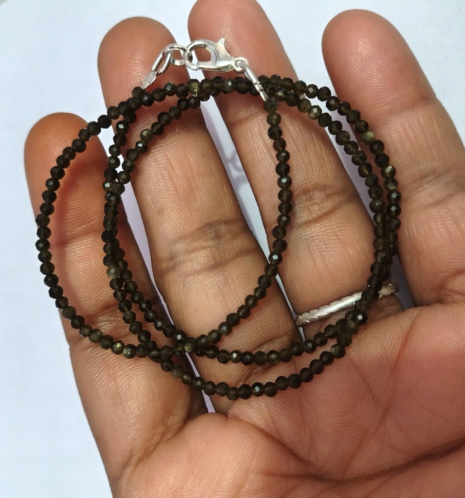 

18" necklace round natural cat's eye quartz gemstone fine 925 silver 2 mm beads