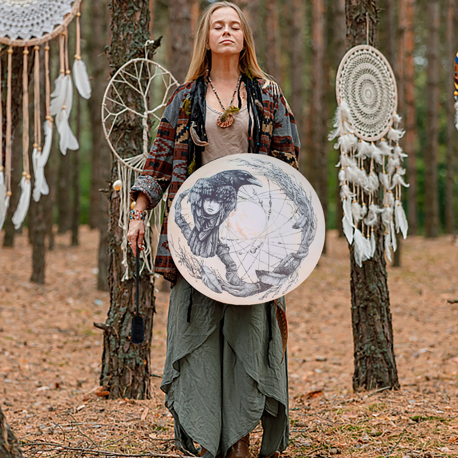 Shaman Drum Hand Drum With Rope Handle And Mallet Vintage Hand Drum With Rope Handle And Mallet Musical Instruments Excellent