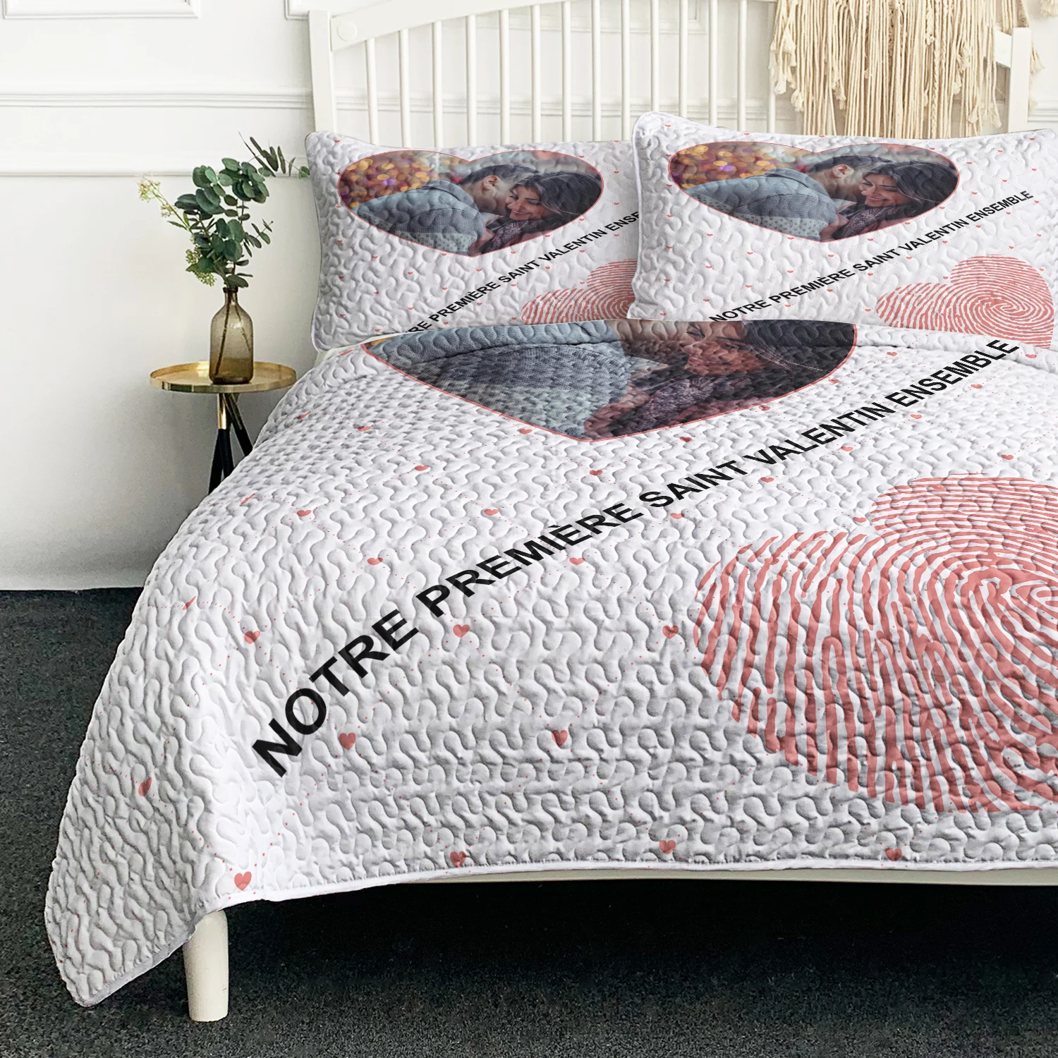 

Fingerprint Heart Design Quilt Set Soft Comforter With 2 Pilowcases for Wife and Husband Nice Gift for Birthday Christmas