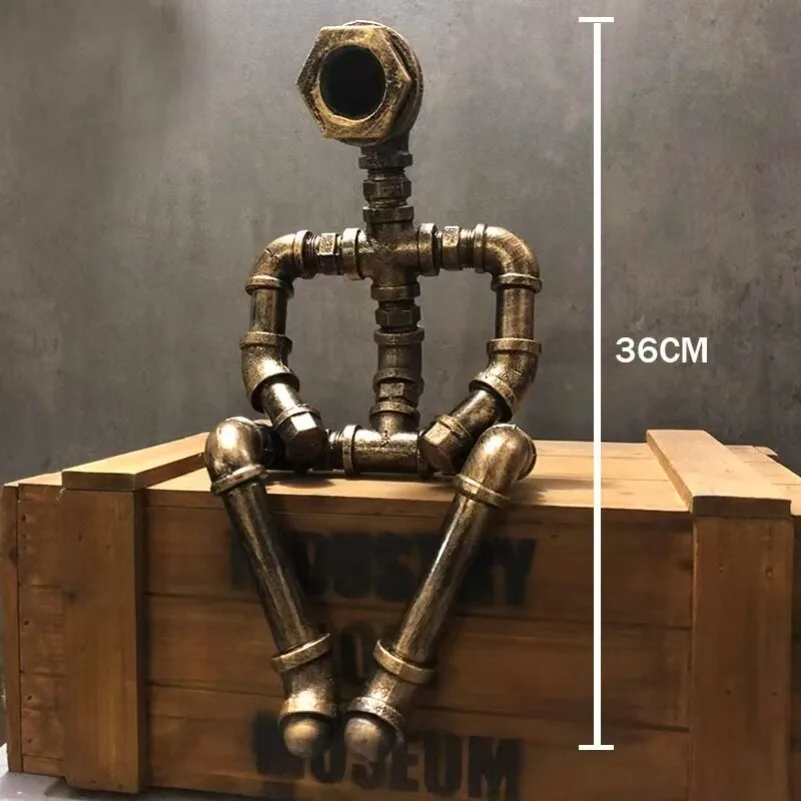 Industrial Pipe Wrought Iron Robot Ornament, Retro Metal Figurine Decor for Cafe Bar Home Soft Decoration