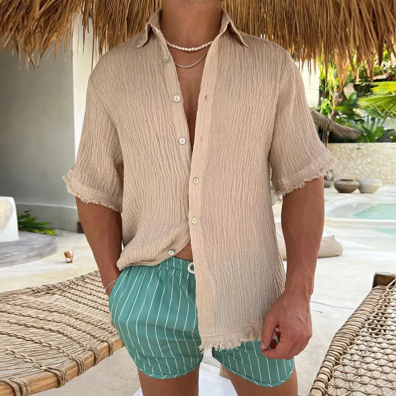 New men's clothing in 2025, a cotton and linen short-sleeved shirt, a casual and loose-fitting T-shirt, trendy men's wear.