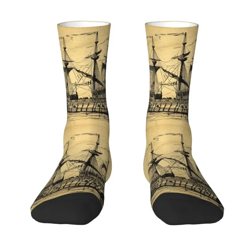 Custom Fashion Men's Tall Ship Vintage Sailing Sailor Dress Socks Comfortable Warm 3D Print Nautical Pirate Boat Crew Socks