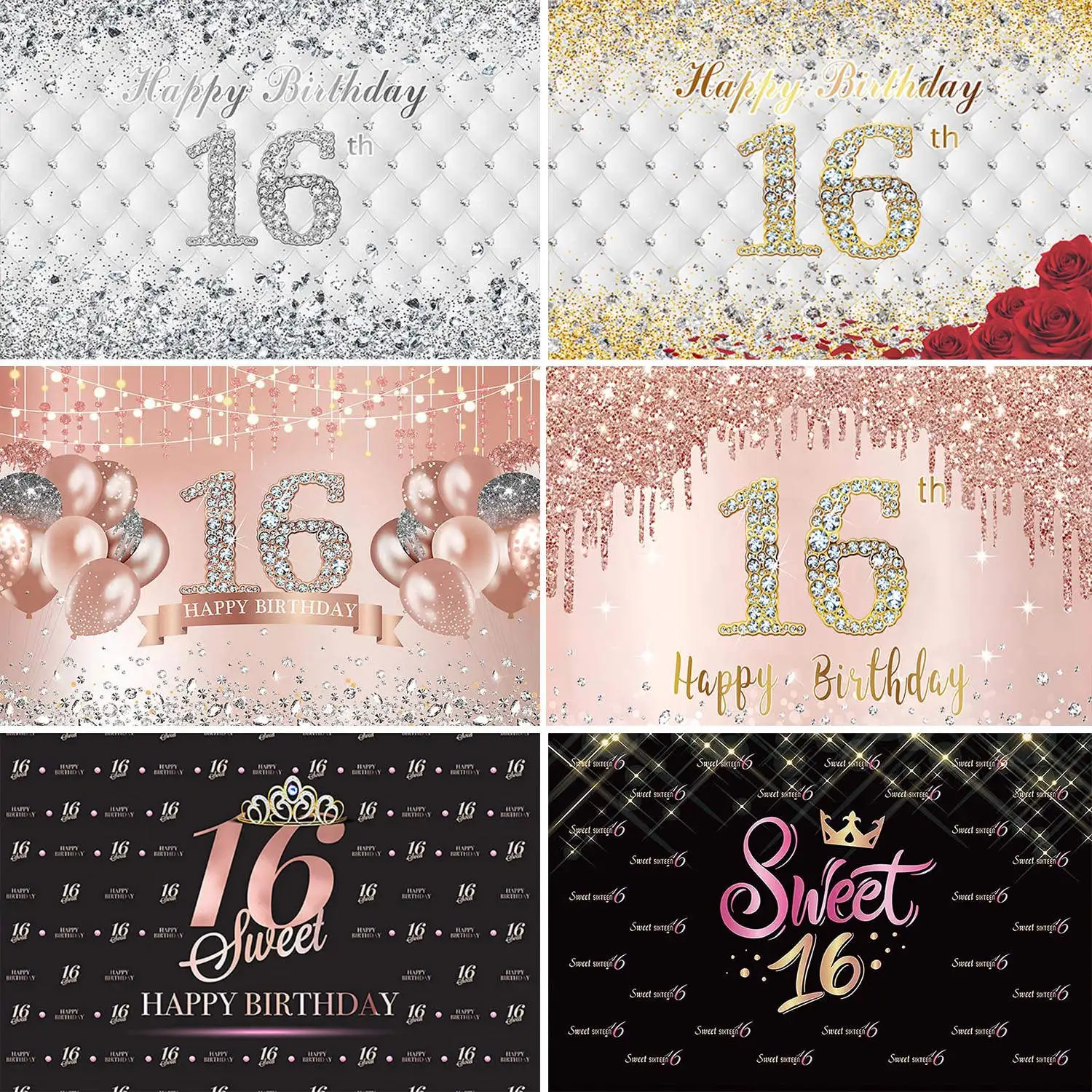 Happy 16th Birthday Party Decoration Backdrop for Girl Boy Sweet 16 Banner Background Pink Rose Gold Black White Blue Silver Red