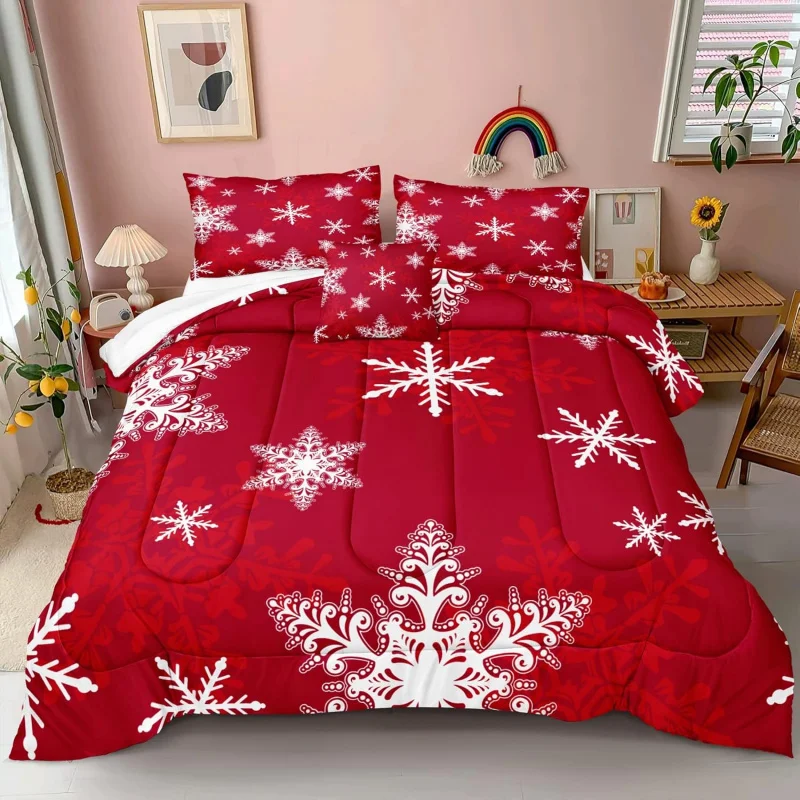 

Christmas duvet cover 3-piece set with white snowflake print and deep red bedding