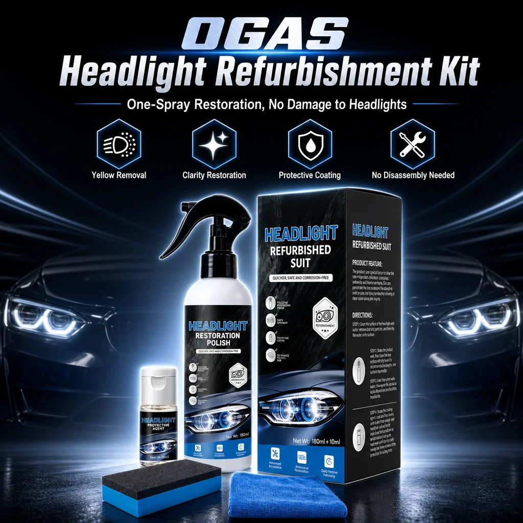 Kit de Restauração de Faróis de Carro OGAS 180ml+10ml, Removedor de Oxidação Amarela, Fluido Protetor para Lâmpadas Automotivas com Ferramentas