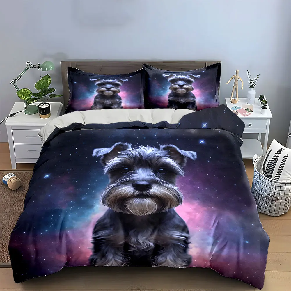Galaxy Schnauzer Bedding Set, Miniature Schnauzer Against Nebula Night Sky Print Duvet Cover + 2 Pillowcases,Mystical Dog Decor