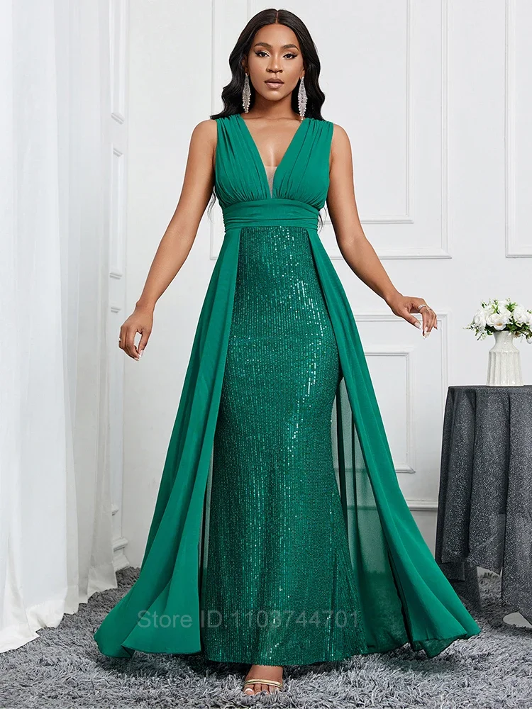 Sexy senza spalline paillettes Pacthwork Maxi abito plissettato donna verde senza maniche Backless drappeggiato Slim abito lungo da sera