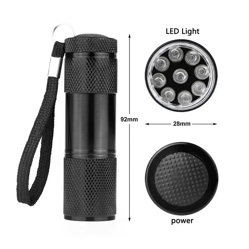 100pcs New UV Flashlight 9LED 395nm Mini Portable LED Torch Violet Purple AAA Battery Lamp Lantern