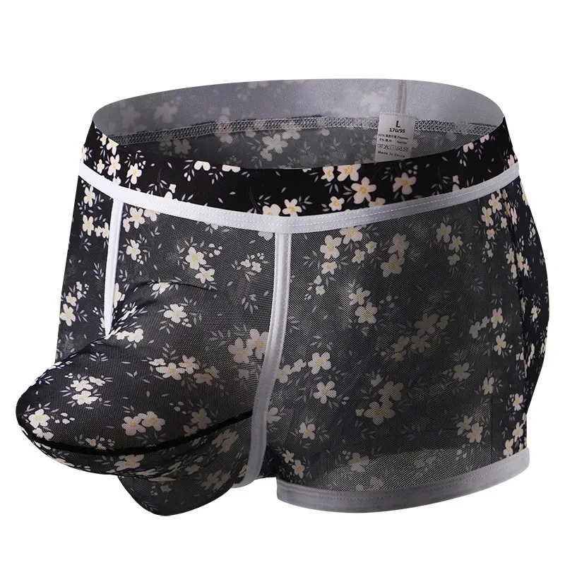 Men's Sheer Mesh Boxer Briefs Camo Print Underwear with Large U-Convex Pouch Boxy Underpants Gays Erotic Printed Knickers Trunks