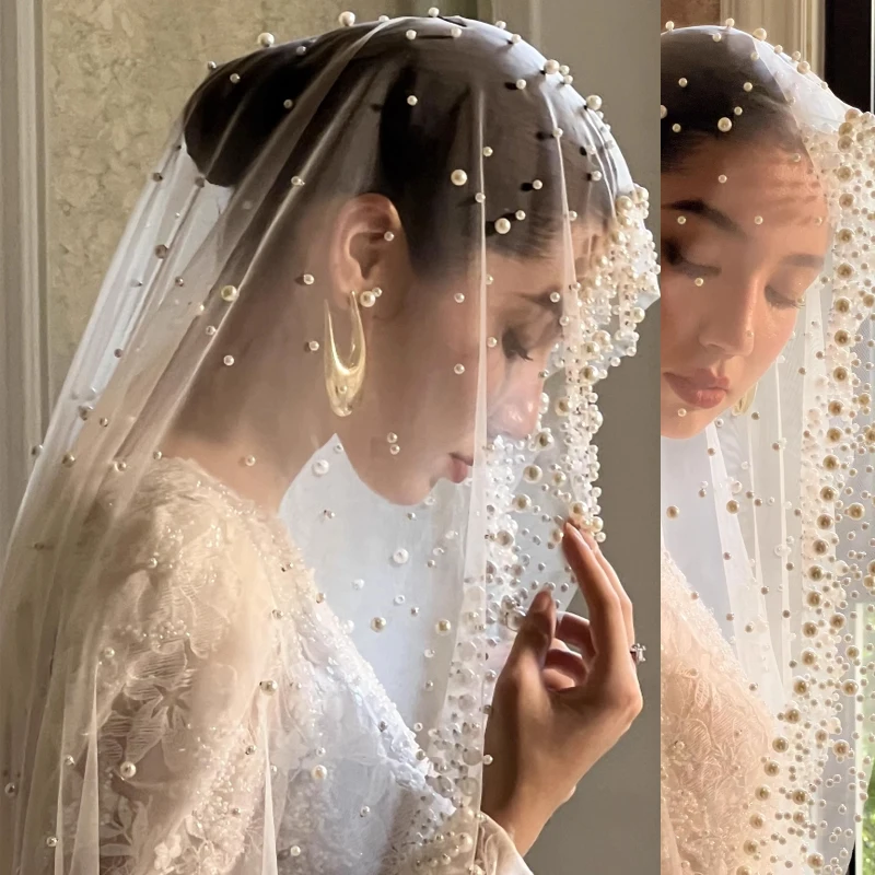 Perły Welon Ślubny Tiulowy 1T Welon Ślubny Elegancki Luksusowy Z Koralikami Welon dla Panny Młodej Welony dla Druhen Bez Grzebienia Na Zamówienie
