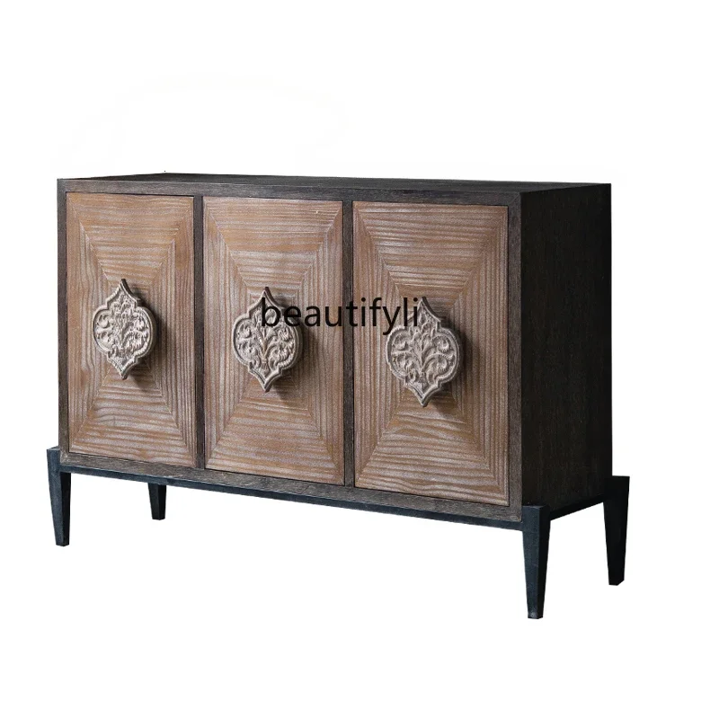 

American Retro Solid Wood Home Entrance Cabinet Living Room Wall Carved Decorative Band Door Storage Cabinet B & B Locker