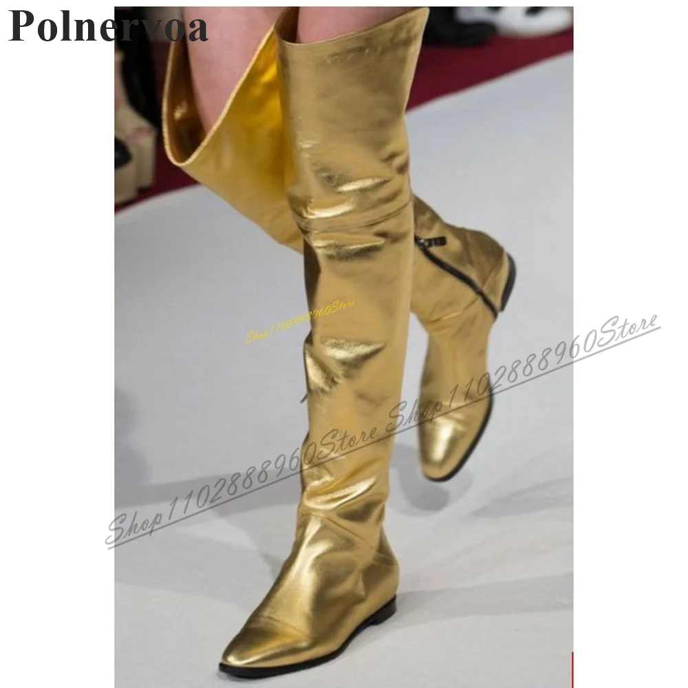 Runway Over The Knee Gold Metallic Leather Boots Flat With Women Shoes Side Zipper Pointed Toe 2024 Fashion Zapatos Para Mujere