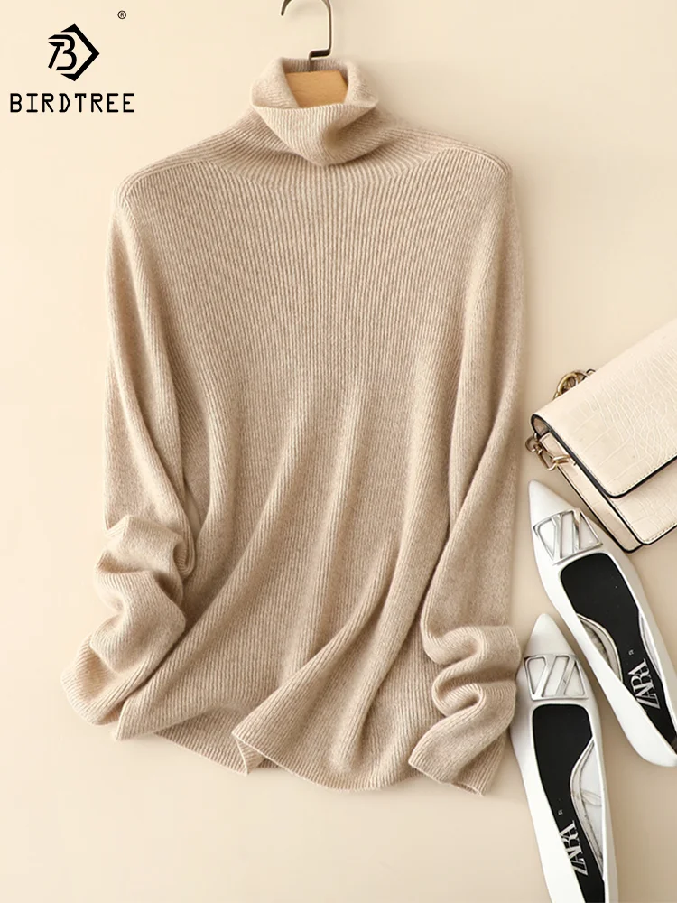 

Birdtree 100%Pure Cashmere Basic Undershirt Turtleneck Long Sleeve Stripe Seamless Warm Women Thin Sweater Winter New T3D149QM