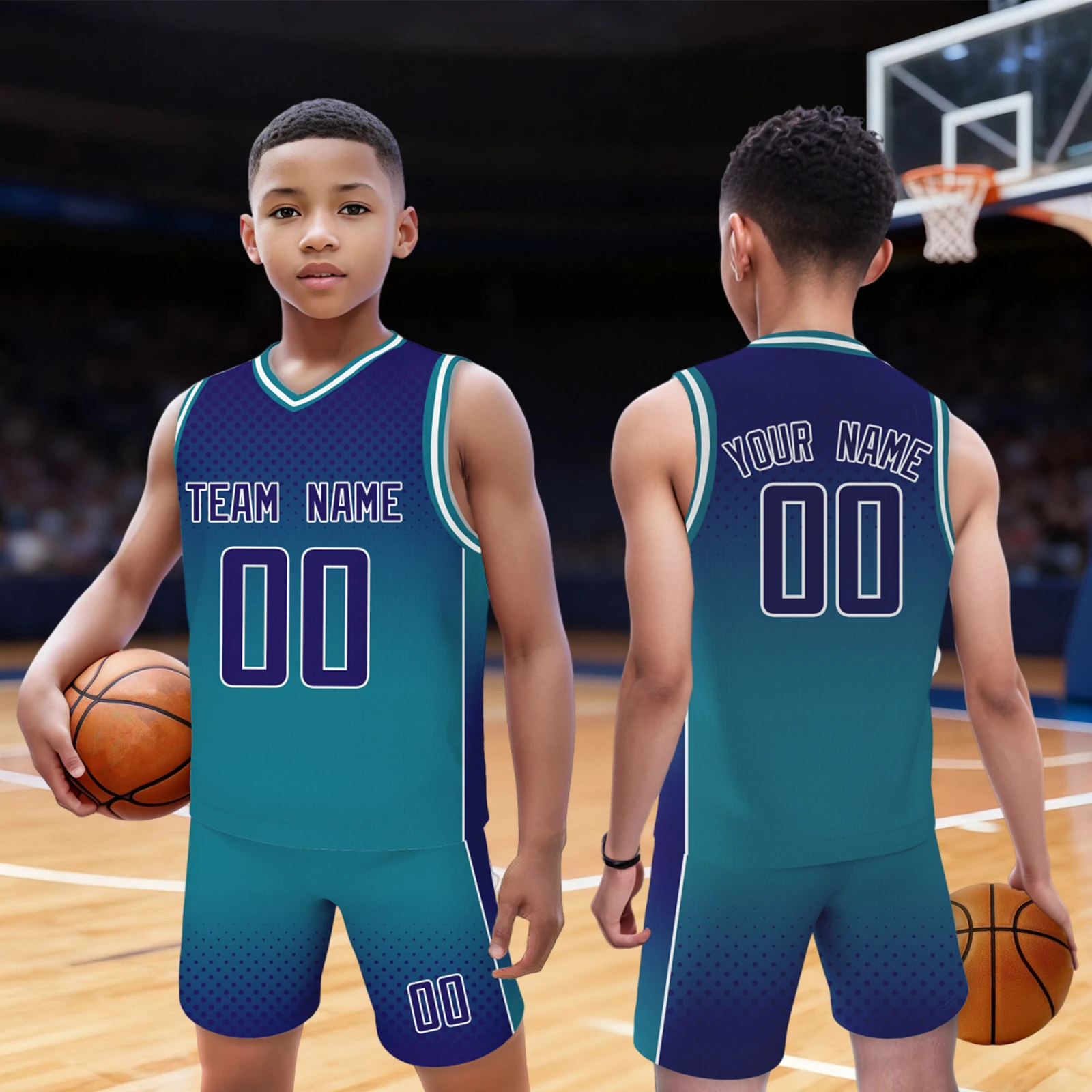 

Blue Fade Custom Basketball Jersey Shorts for Kids Youth Personalized Basketball Uniform with Team Name Number Boys Fans Gift