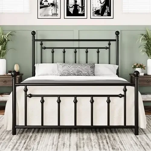14 Inch Queen Size Metal Platform Bed Frame with Victorian Vintage Headboard and Footboard/Mattress Foundation/Under