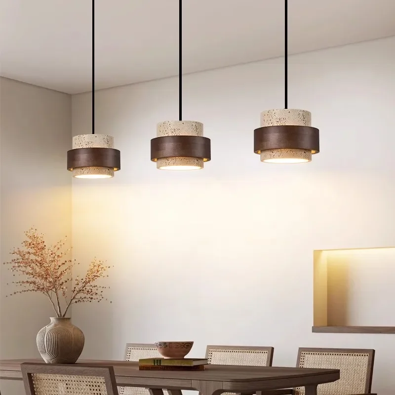 

Japanese Style Stone and Walnut Wood Pendant Light for Bedroom Dining Room Living Room Bar with LED Lighting Fixture Lamp