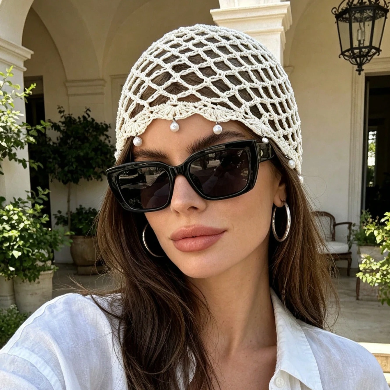1pc Women's Y2K Sequin Pearl Hollow Out Breathable Decorative Handmade Knitted Bucket Hat For Travel, Photography, Daily Wear