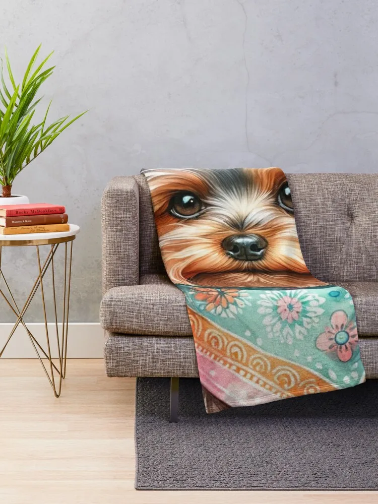 Charming Yorkshire Terrier: Floral Bandana Watercolor Throw Blanket Thermals For Travel Shaggy Luxury Designer Plaid Blankets