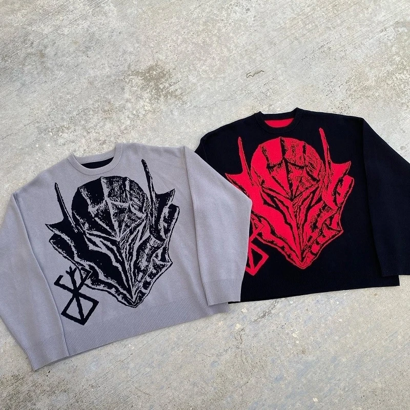 

Graphic Print Black Knitted Sweaters Streetwear Demon Anime Pullover Unisex Casual Loose Sweaters Men Gothic O-neck Pullovers