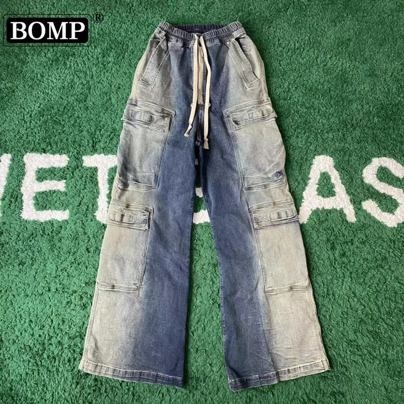 

[BOMP] 2024 Autumn Men Correct Unmodified Style Same Wide Leg Washed Blue Jeans, Gradient Trendy Men's Pants New Fashion