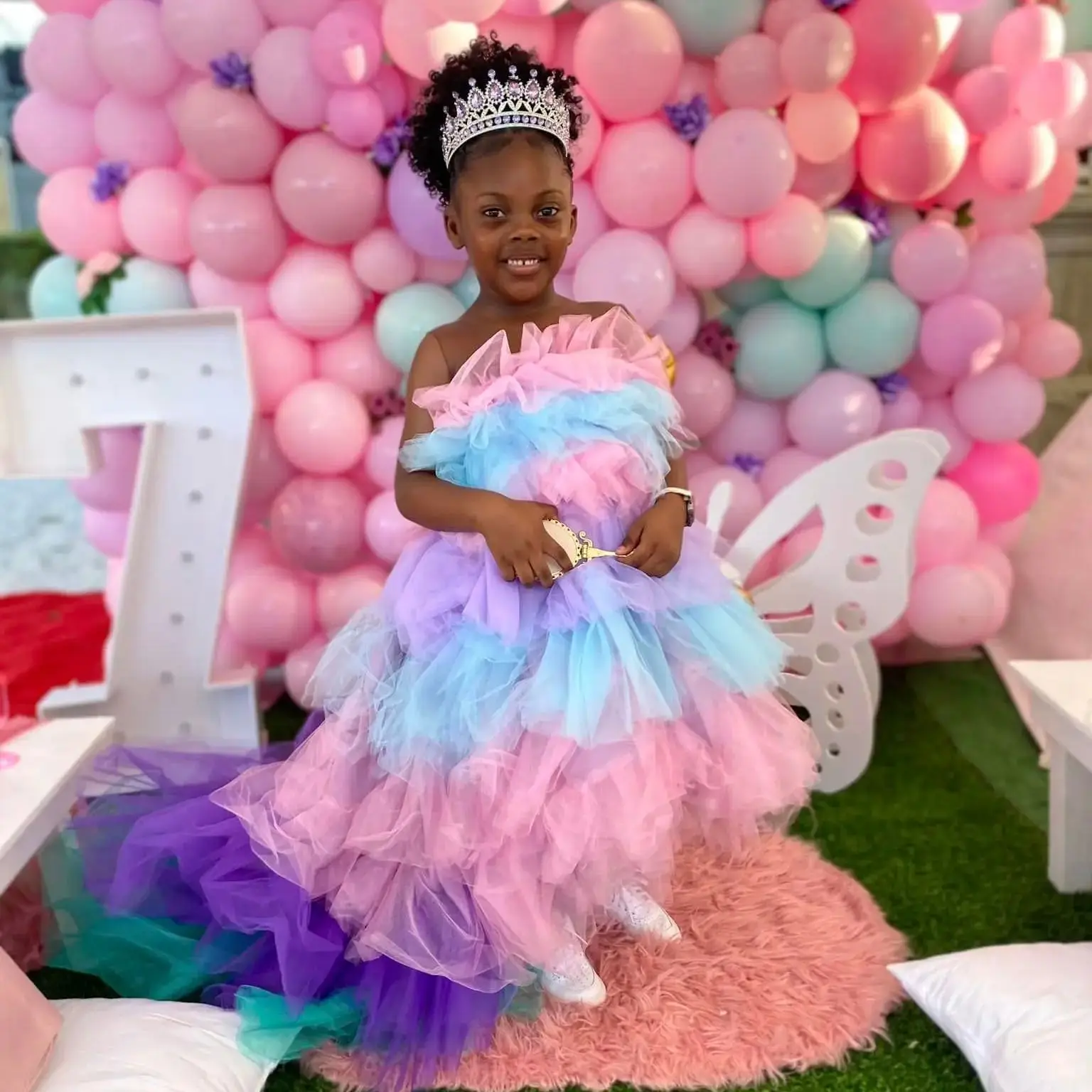 Vestidos de fiesta de cumpleaños de princesa colorida para niñas, vestidos de flores con cuello de ilusión, vestido de baile para niños, vestido de niña para sesión de fotos