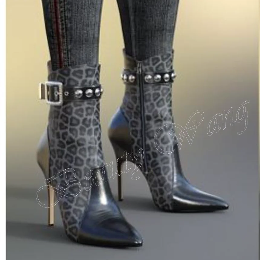 Black Belt and Rivet Decor Boots Ankle High Thin Heel High Shoes for Women Solid Shoes on Heels 2023 New Zapatos Para Mujere