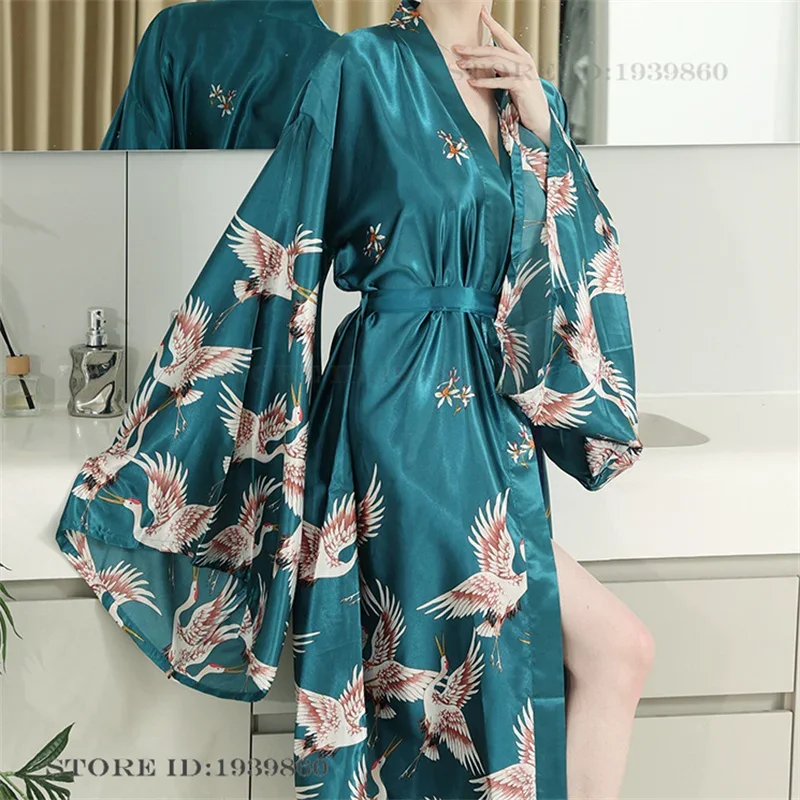 Print Crane Floral Big Sleeve Bathrobe Kimono Gown Elegant Female Long Robe Night Dress Homewear Loose Silk Satin Loungewear